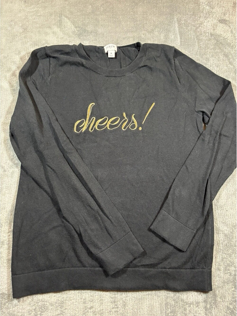 J. Crew Factory 'Cheers!" Crewneck Sweater Black Gold Cotton Knit M Holidays